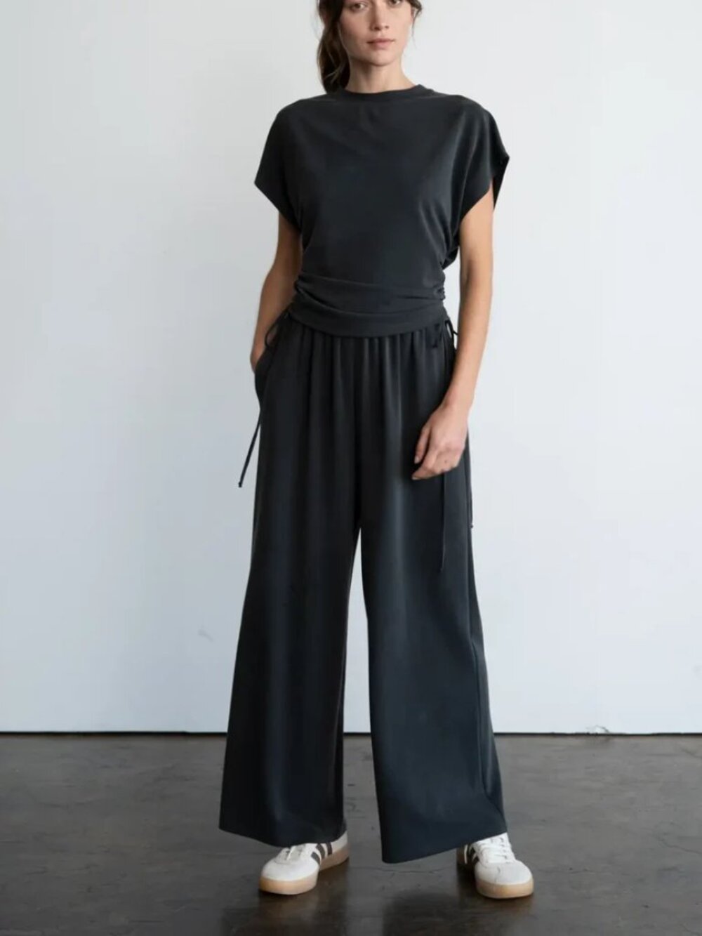 ELLE GREY Side Ruching Short Sleeve Top & Double Side Tie Wide Leg Pants Set